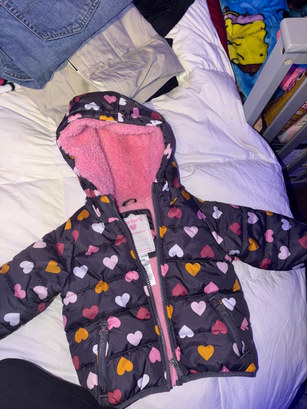 Carter's Black Puffer Jacket with Multicolored Heart Print and Pink Lining